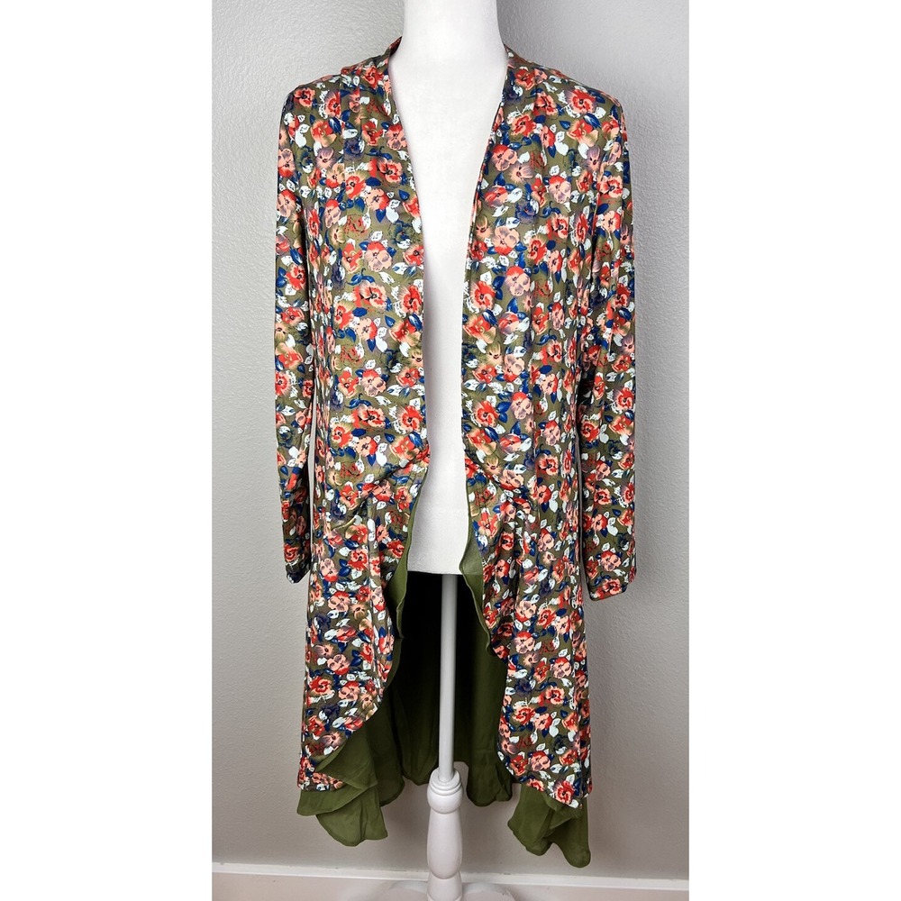 Women's REBORN Long Sleeve Open Front Ruffle Duster Kimono‎ Sz S Cardigan